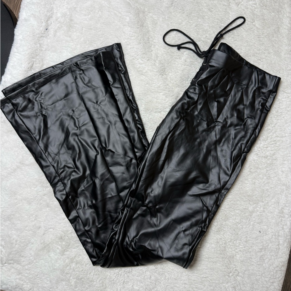 Fashion Nova Black Faux Leather Low Rise Bell Bottom Pants